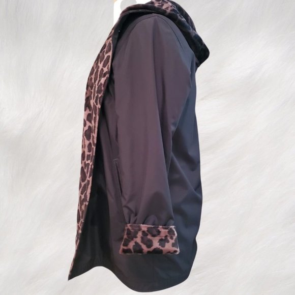 REVERSIBLE Black and Faux Fur Leopard Print Mid-Length Hooded Coat Jacket Size S - Picture 6 of 12